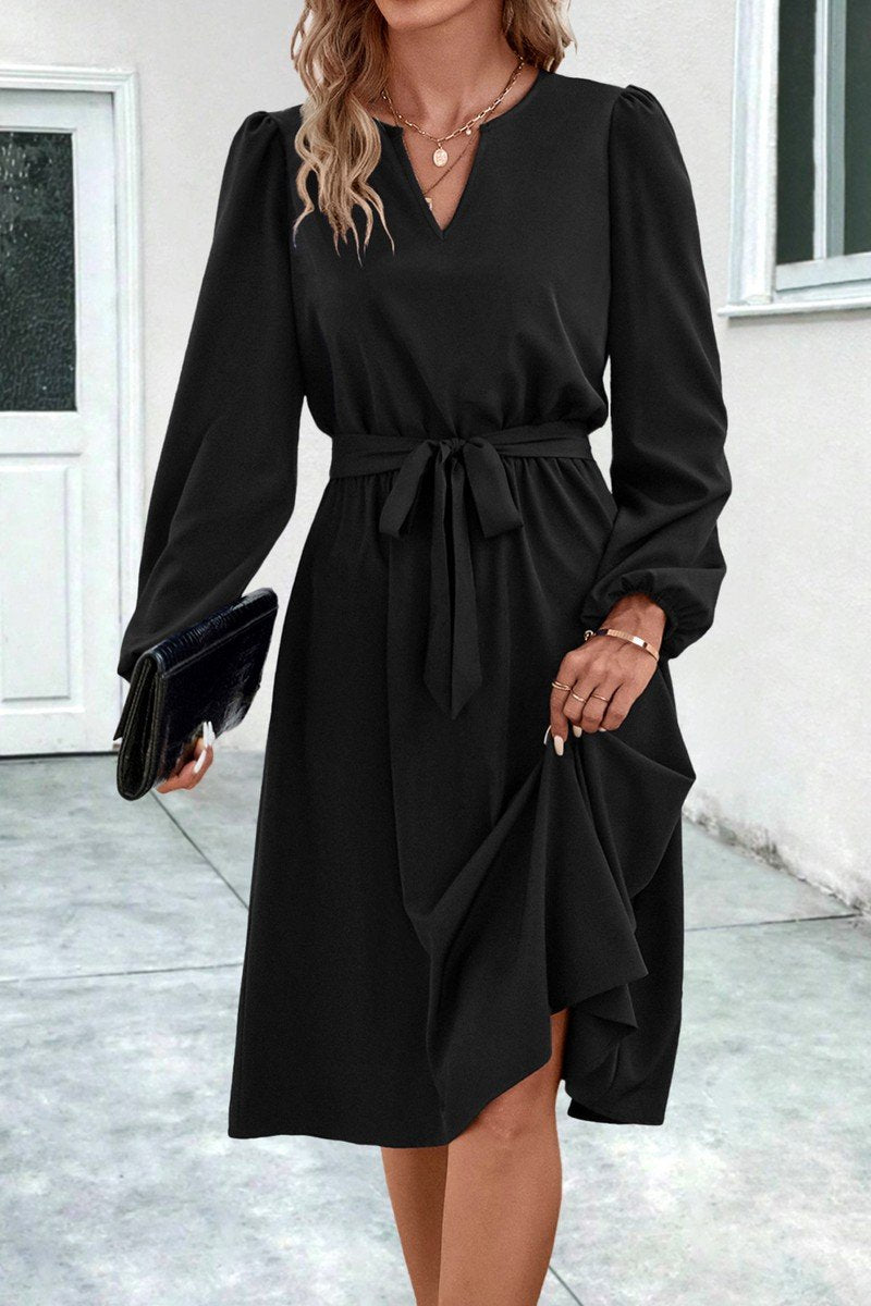 WOMEN V NECK LONG SLEEVE BELTED KNEE LENGTH DRESS