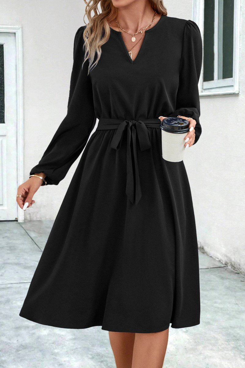 WOMEN V NECK LONG SLEEVE BELTED KNEE LENGTH DRESS