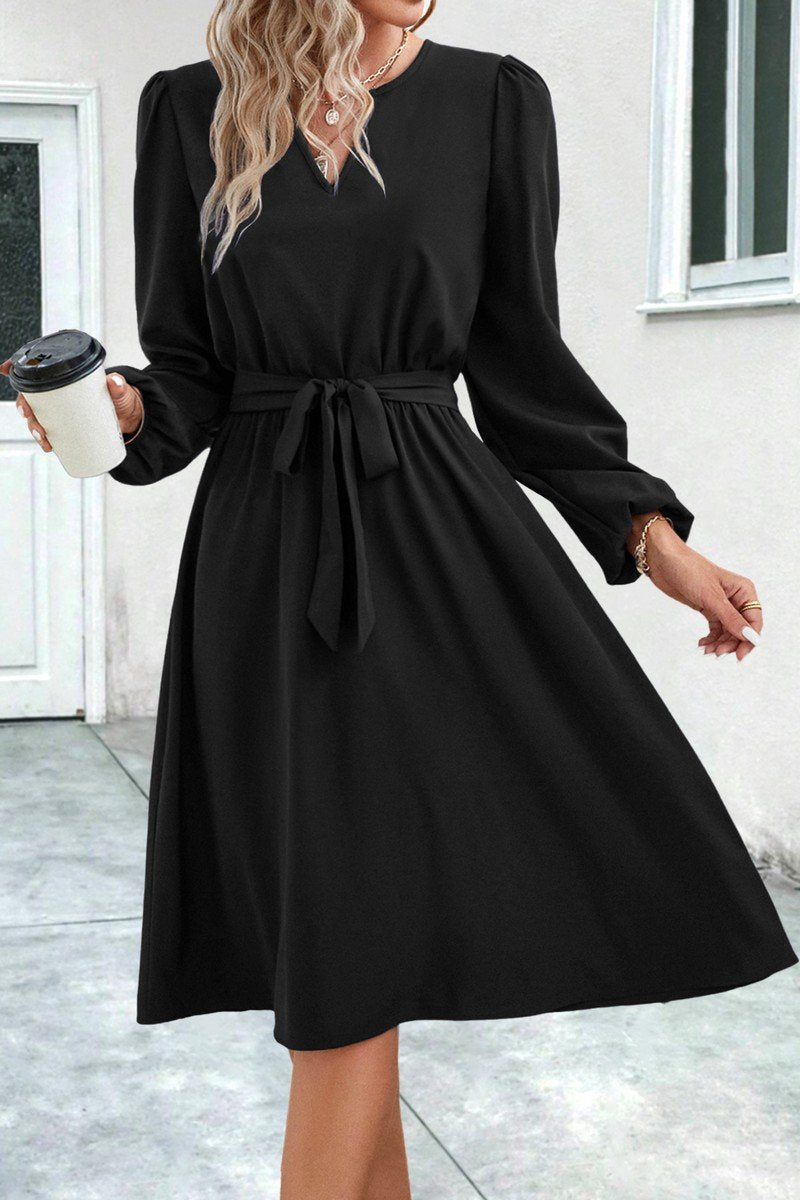 WOMEN V NECK LONG SLEEVE BELTED KNEE LENGTH DRESS