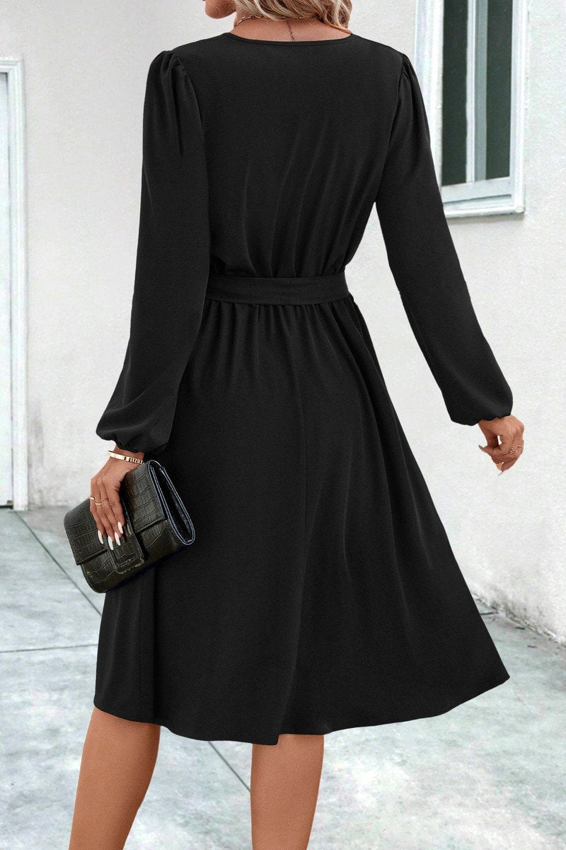 WOMEN V NECK LONG SLEEVE BELTED KNEE LENGTH DRESS