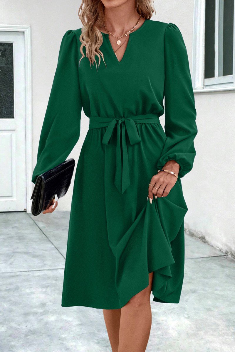 WOMEN V NECK LONG SLEEVE BELTED KNEE LENGTH DRESS