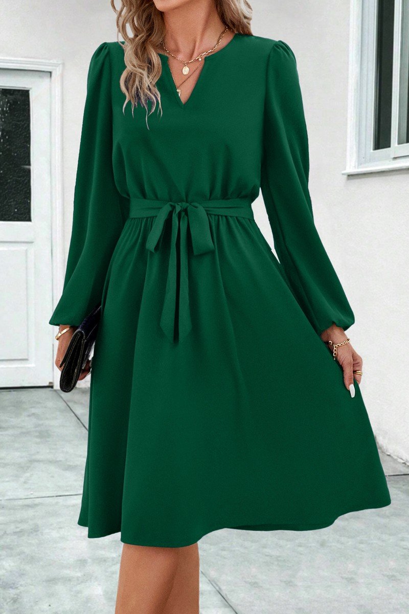 WOMEN V NECK LONG SLEEVE BELTED KNEE LENGTH DRESS