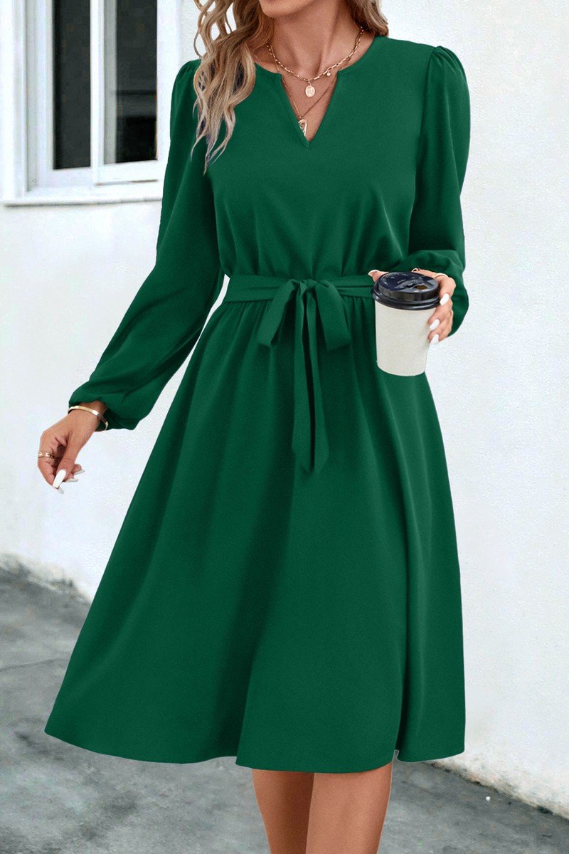 WOMEN V NECK LONG SLEEVE BELTED KNEE LENGTH DRESS