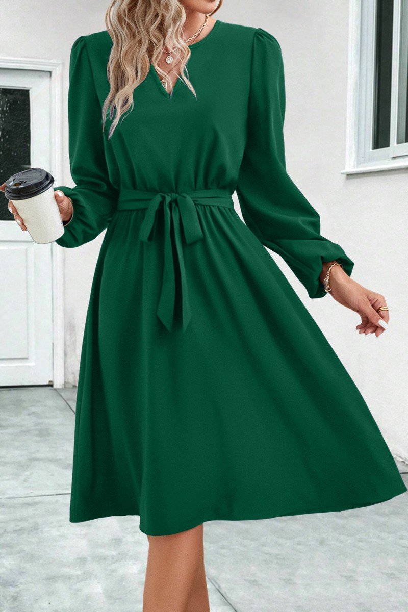 WOMEN V NECK LONG SLEEVE BELTED KNEE LENGTH DRESS