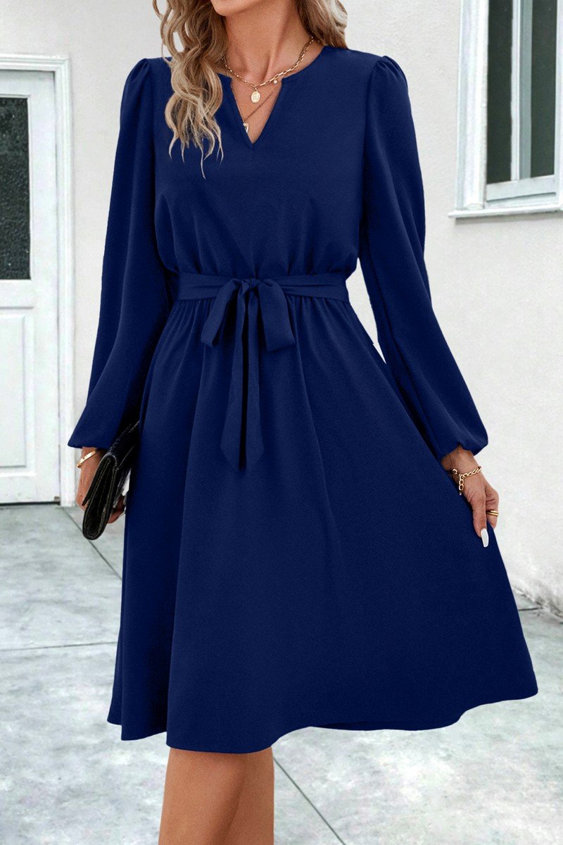 WOMEN V NECK LONG SLEEVE BELTED KNEE LENGTH DRESS