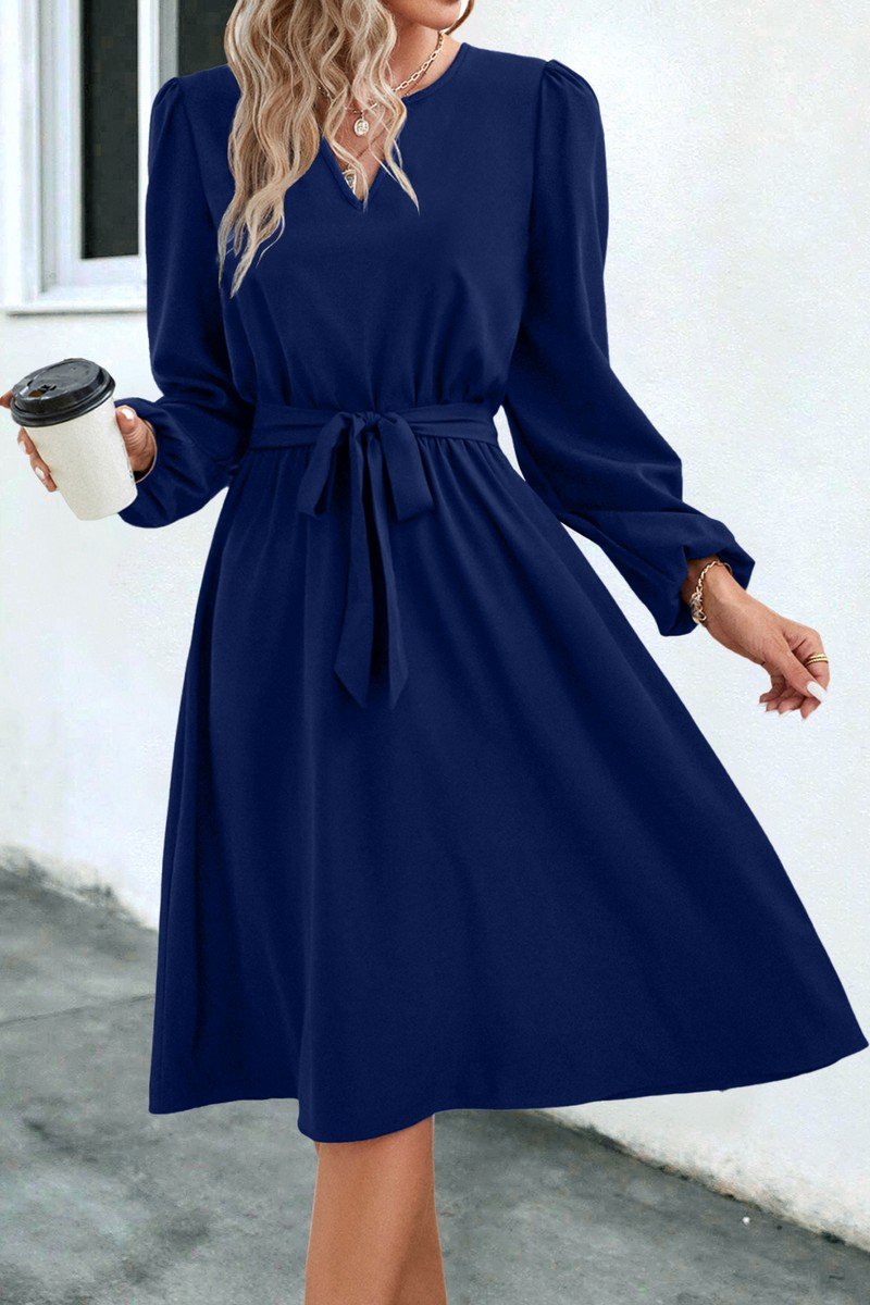 WOMEN V NECK LONG SLEEVE BELTED KNEE LENGTH DRESS