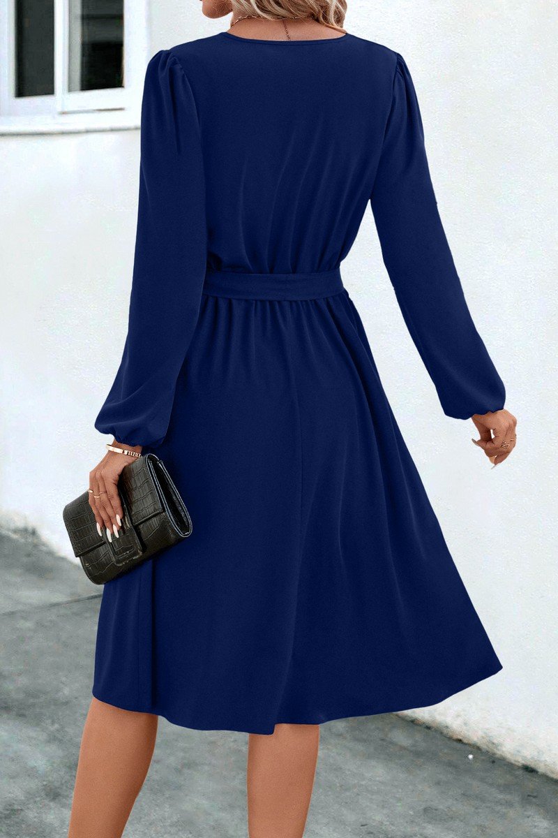 WOMEN V NECK LONG SLEEVE BELTED KNEE LENGTH DRESS