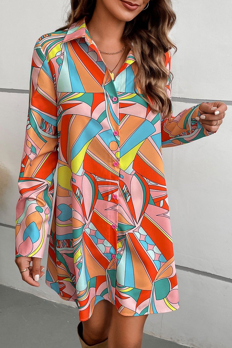 WOMEN LONG SLEEVE COLLARED PRINT SHIRTS DRESS