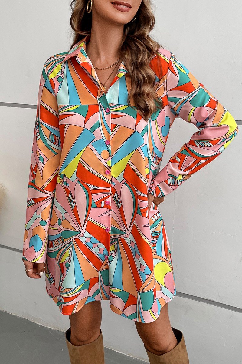 WOMEN LONG SLEEVE COLLARED PRINT SHIRTS DRESS