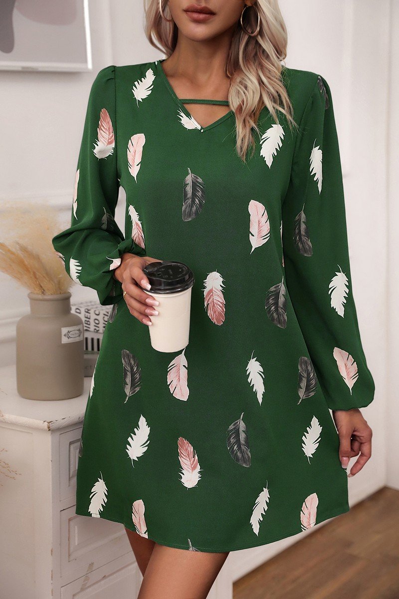 WOMEN V NECK FEATHER PRINT LONG SLEEVE MINI DRESS