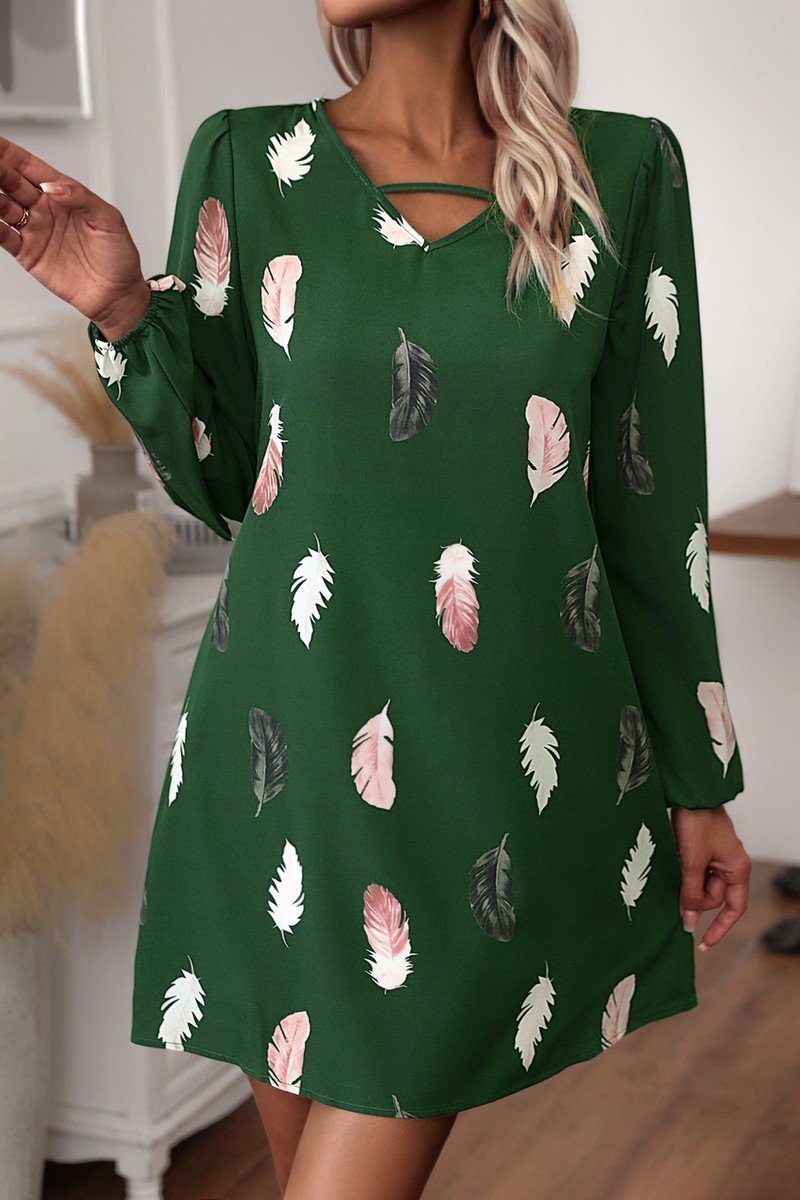 WOMEN V NECK FEATHER PRINT LONG SLEEVE MINI DRESS