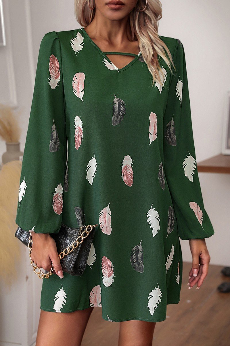 WOMEN V NECK FEATHER PRINT LONG SLEEVE MINI DRESS