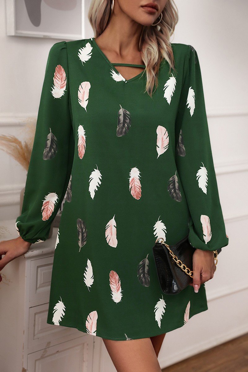 WOMEN V NECK FEATHER PRINT LONG SLEEVE MINI DRESS