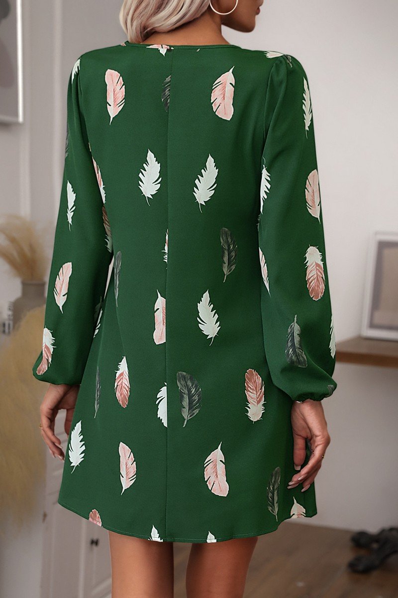 WOMEN V NECK FEATHER PRINT LONG SLEEVE MINI DRESS