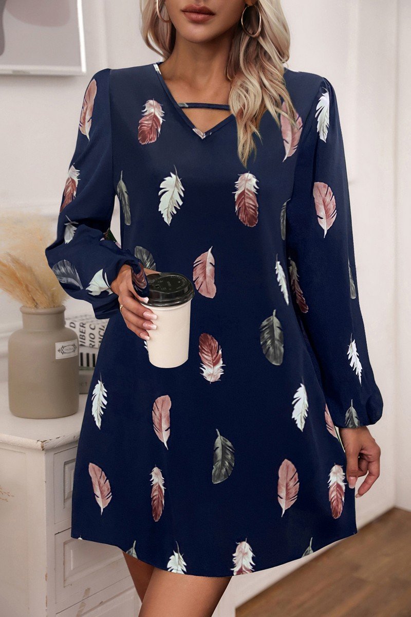 WOMEN V NECK FEATHER PRINT LONG SLEEVE MINI DRESS