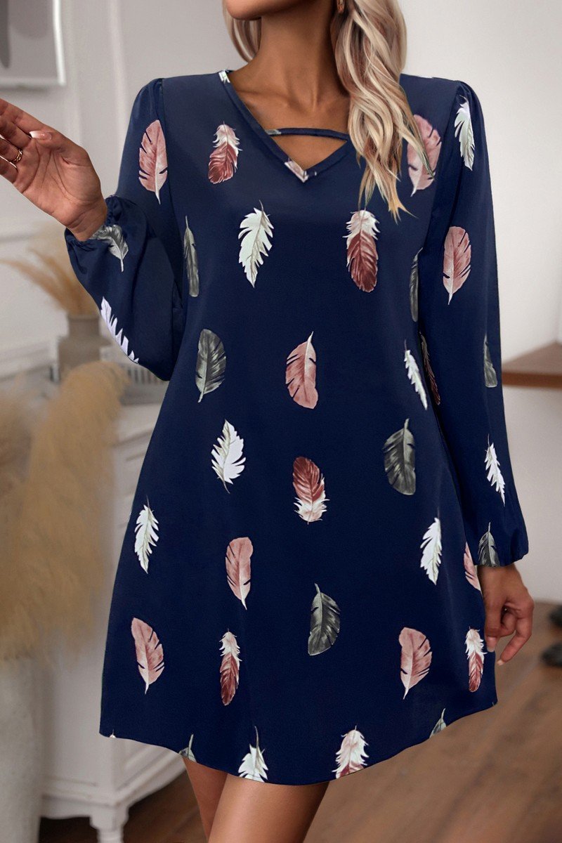 WOMEN V NECK FEATHER PRINT LONG SLEEVE MINI DRESS