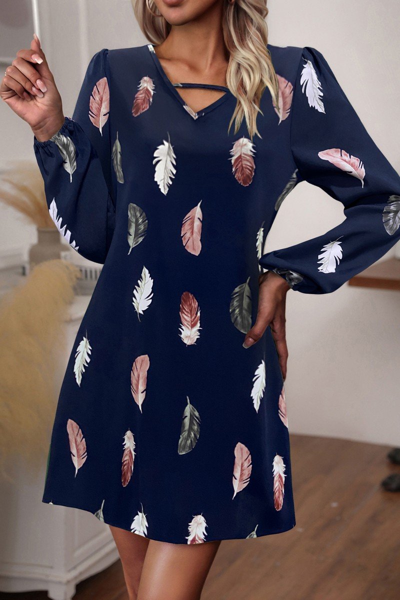 WOMEN V NECK FEATHER PRINT LONG SLEEVE MINI DRESS