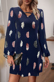 WOMEN V NECK FEATHER PRINT LONG SLEEVE MINI DRESS