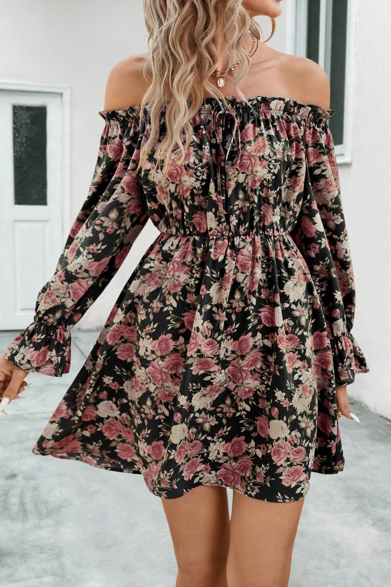 WOMEN SHIRRED OFF SHOULDER FLORAL MINI DRESS