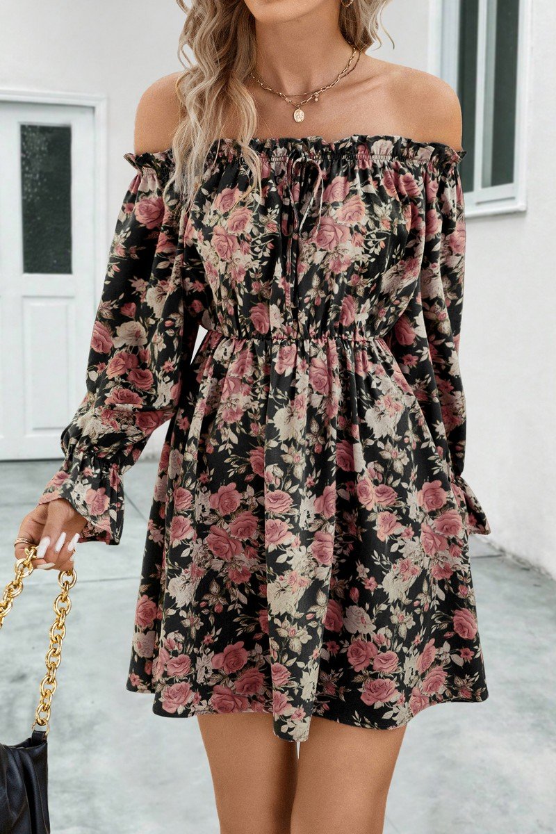 WOMEN SHIRRED OFF SHOULDER FLORAL MINI DRESS