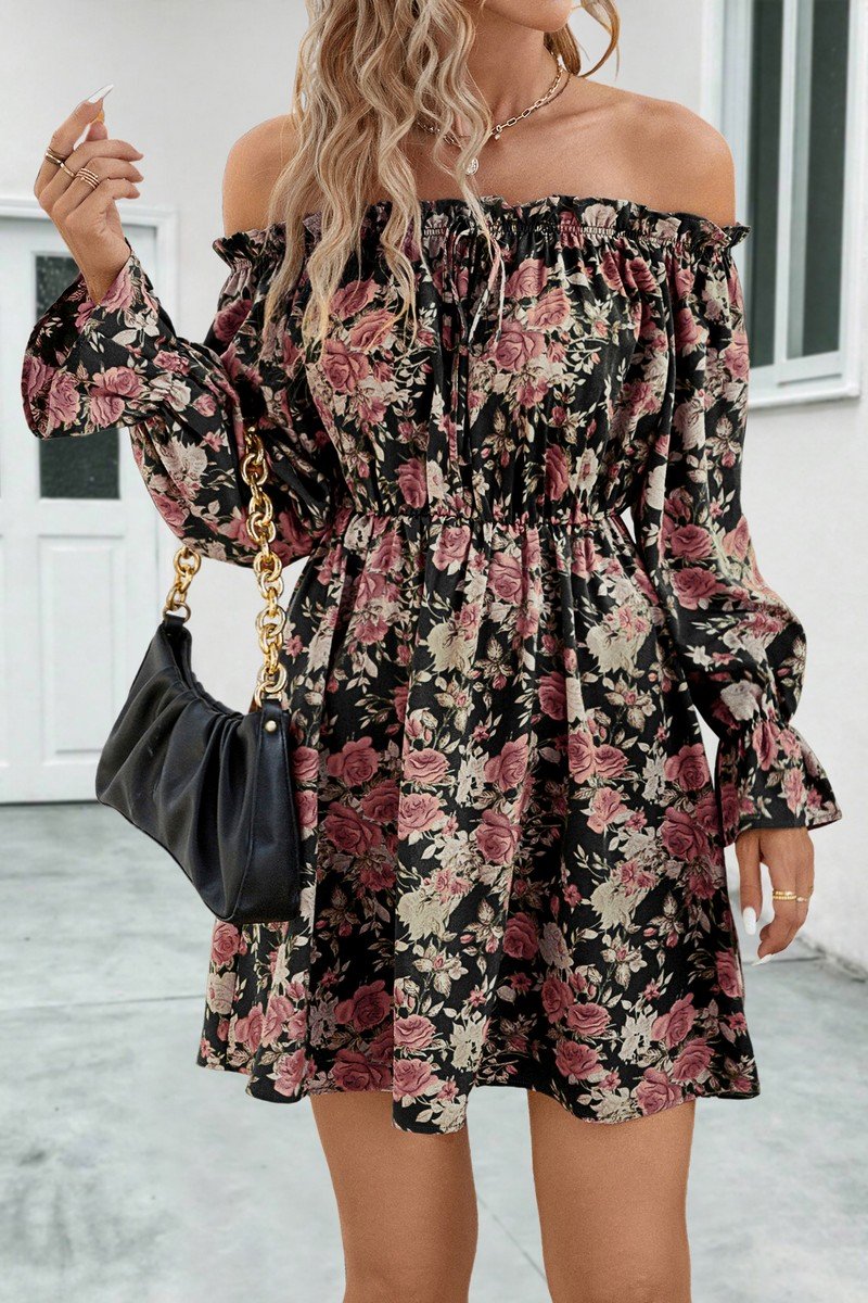 WOMEN SHIRRED OFF SHOULDER FLORAL MINI DRESS