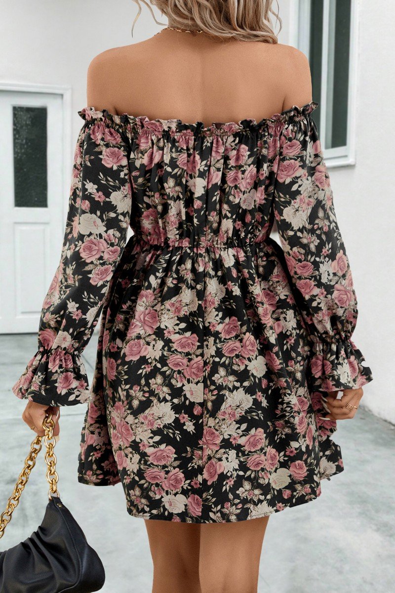 WOMEN SHIRRED OFF SHOULDER FLORAL MINI DRESS