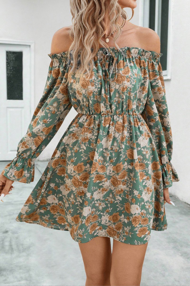 WOMEN SHIRRED OFF SHOULDER FLORAL MINI DRESS