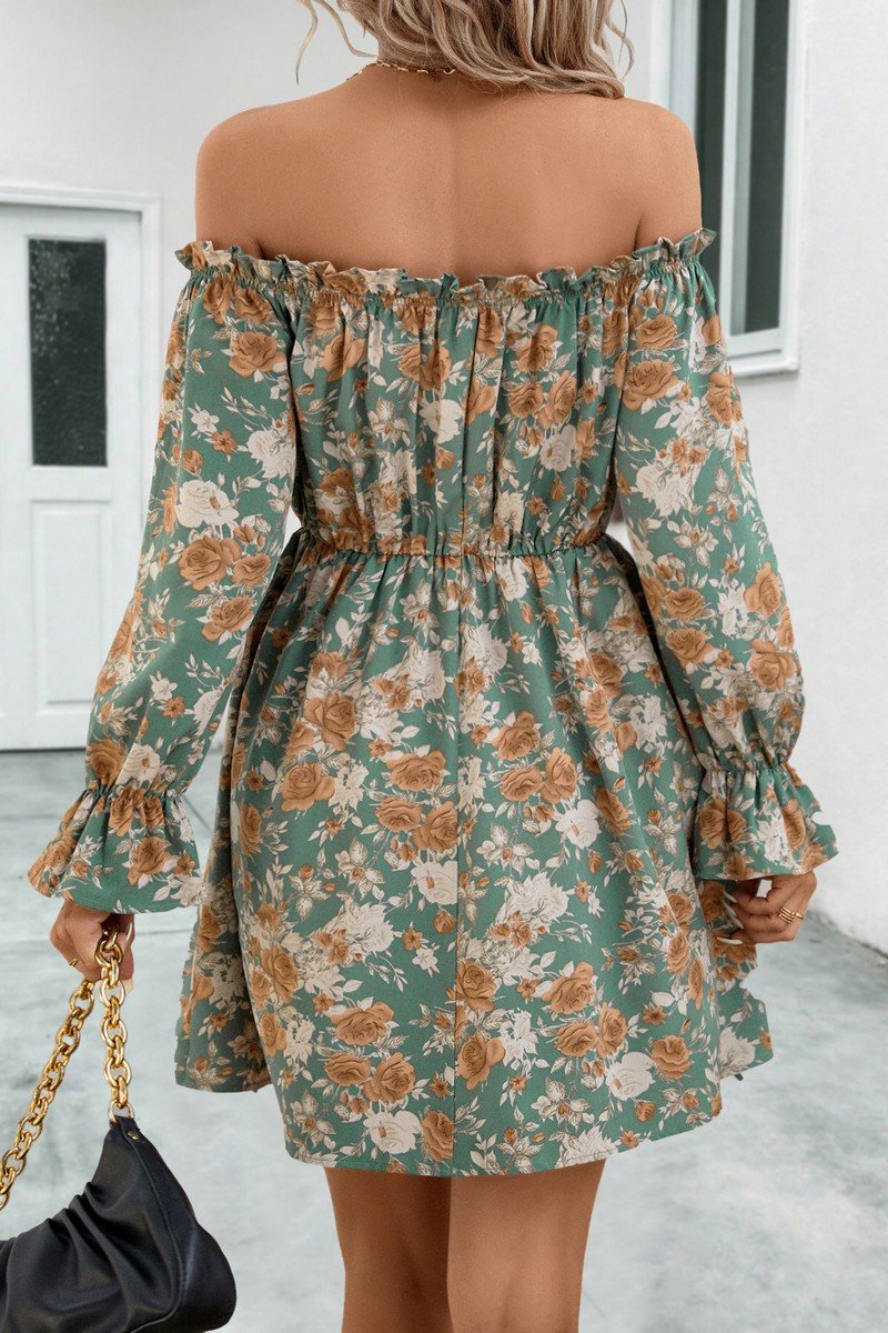 WOMEN SHIRRED OFF SHOULDER FLORAL MINI DRESS