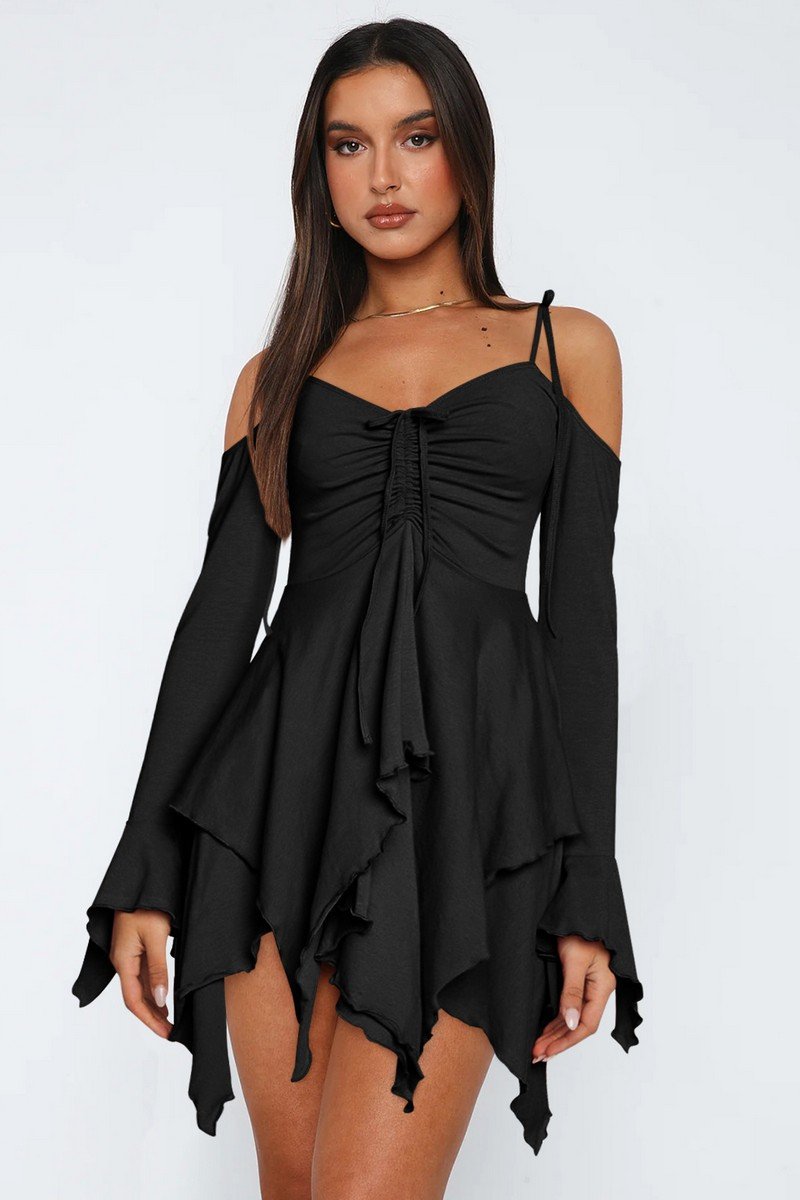 WOMEN SEXY SPAGHETTI STRAP LAYERED HEM MINI DRESS