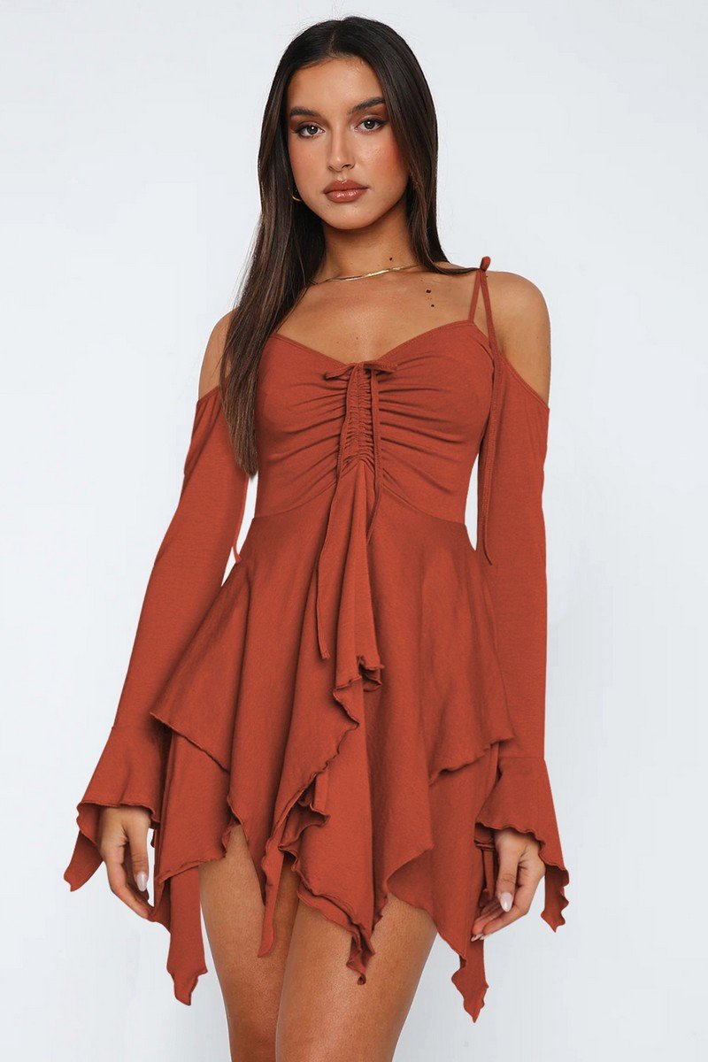 WOMEN SEXY SPAGHETTI STRAP LAYERED HEM MINI DRESS