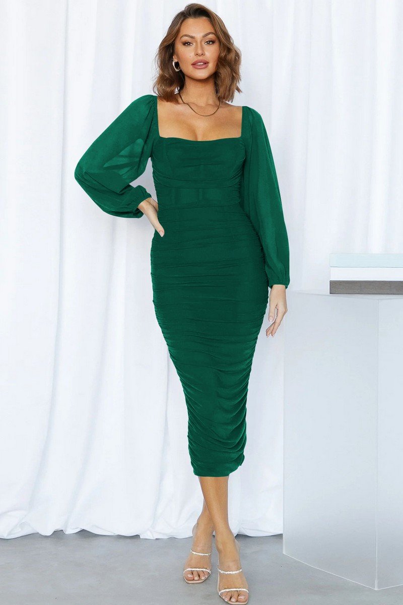 WOMEN SQUARE NECK PUFF SLEEVE TIGHT PARTY DRESS