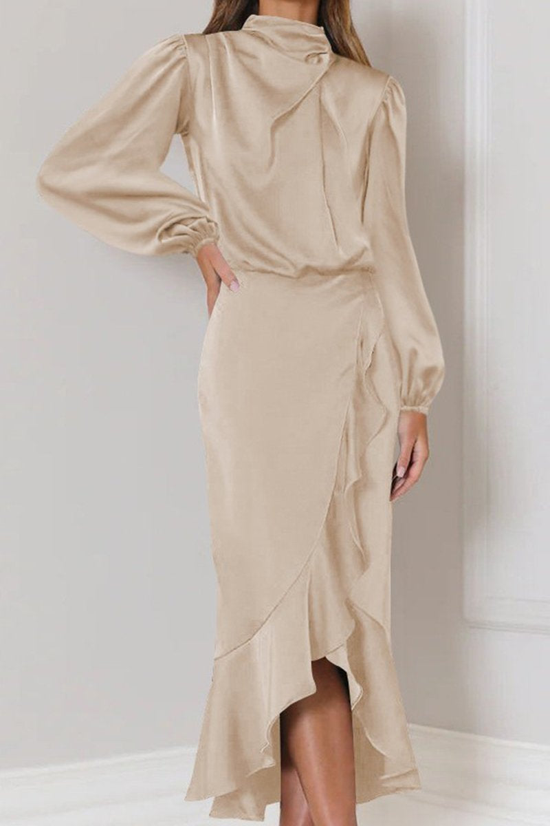 WOMEN ELEGANT LONG SLEEVE RUFFLE WRAP PARYT DRESS