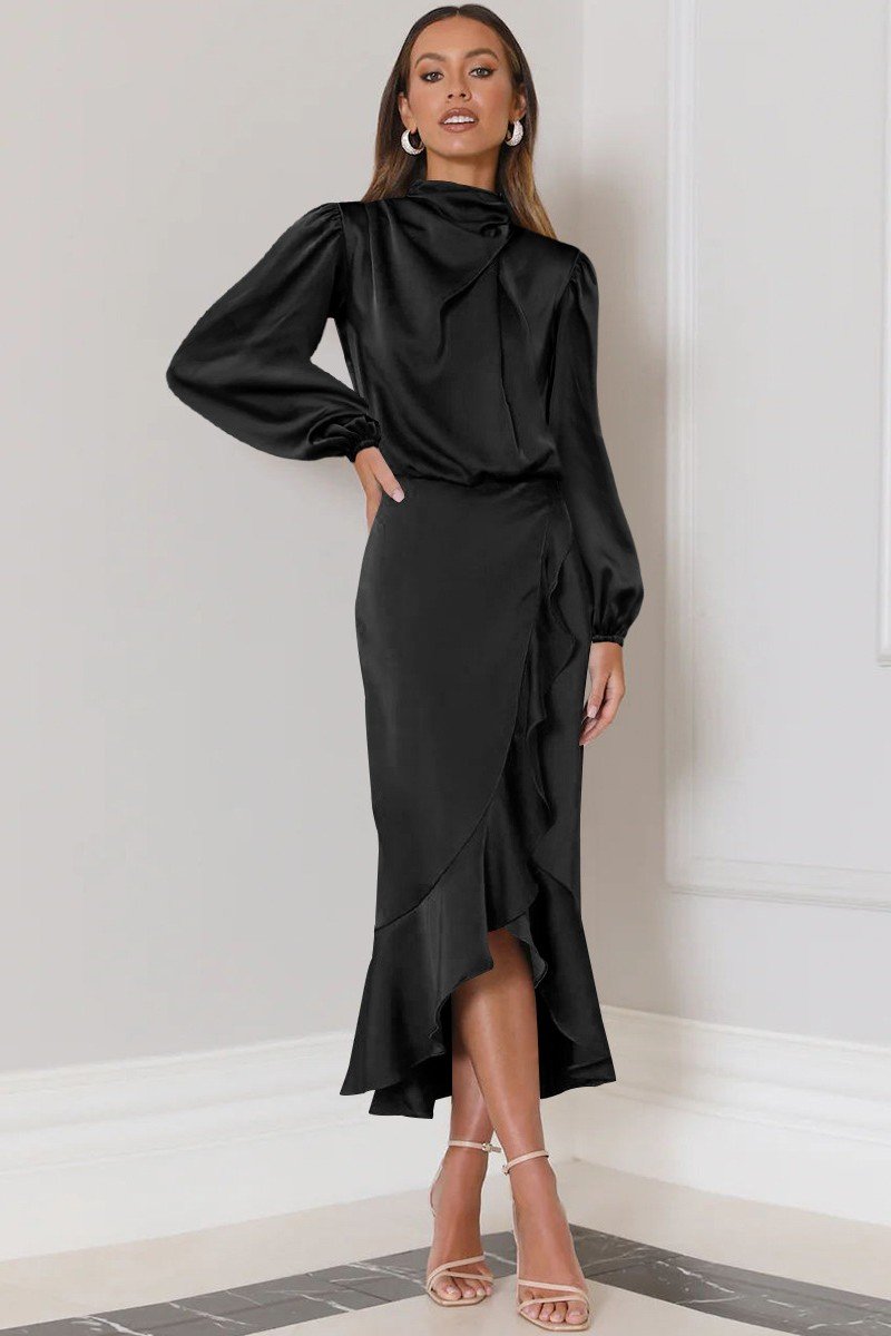 WOMEN ELEGANT LONG SLEEVE RUFFLE WRAP PARYT DRESS