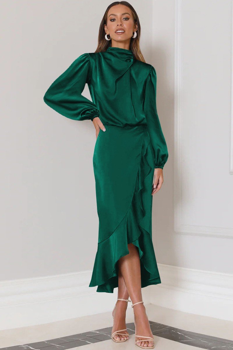 WOMEN ELEGANT LONG SLEEVE RUFFLE WRAP PARYT DRESS