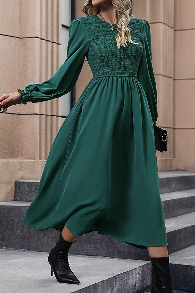 WOMEN SMOCKED LONG SLEEVE SWING LONG DRESS