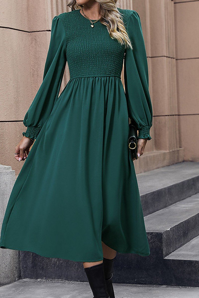 WOMEN SMOCKED LONG SLEEVE SWING LONG DRESS