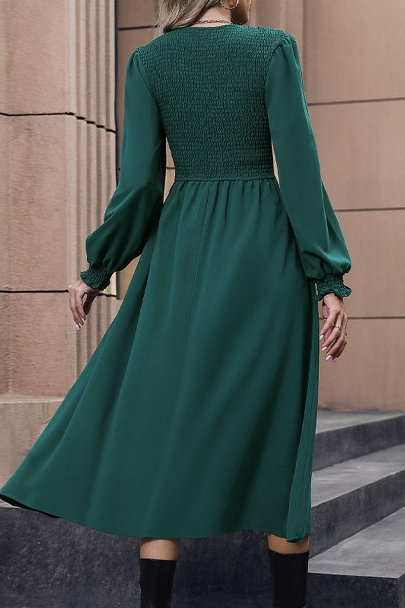 WOMEN SMOCKED LONG SLEEVE SWING LONG DRESS