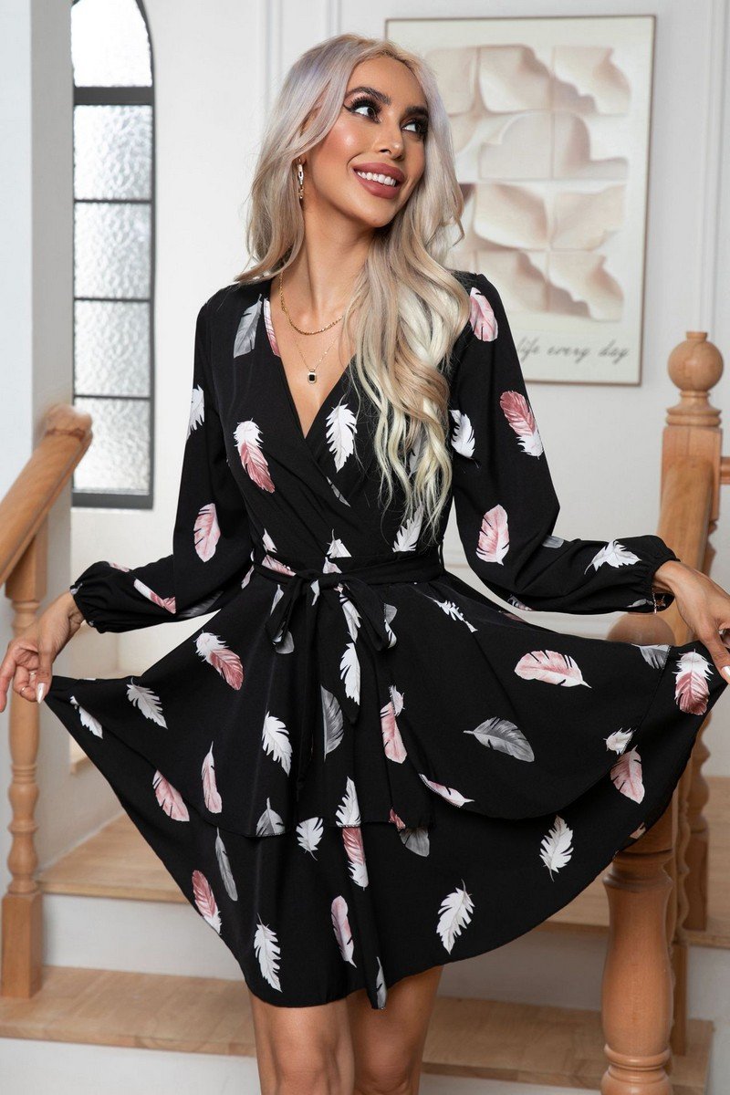 WOMEN FEATHER PRINTING MULTILAYER HEM V NECK DRESS