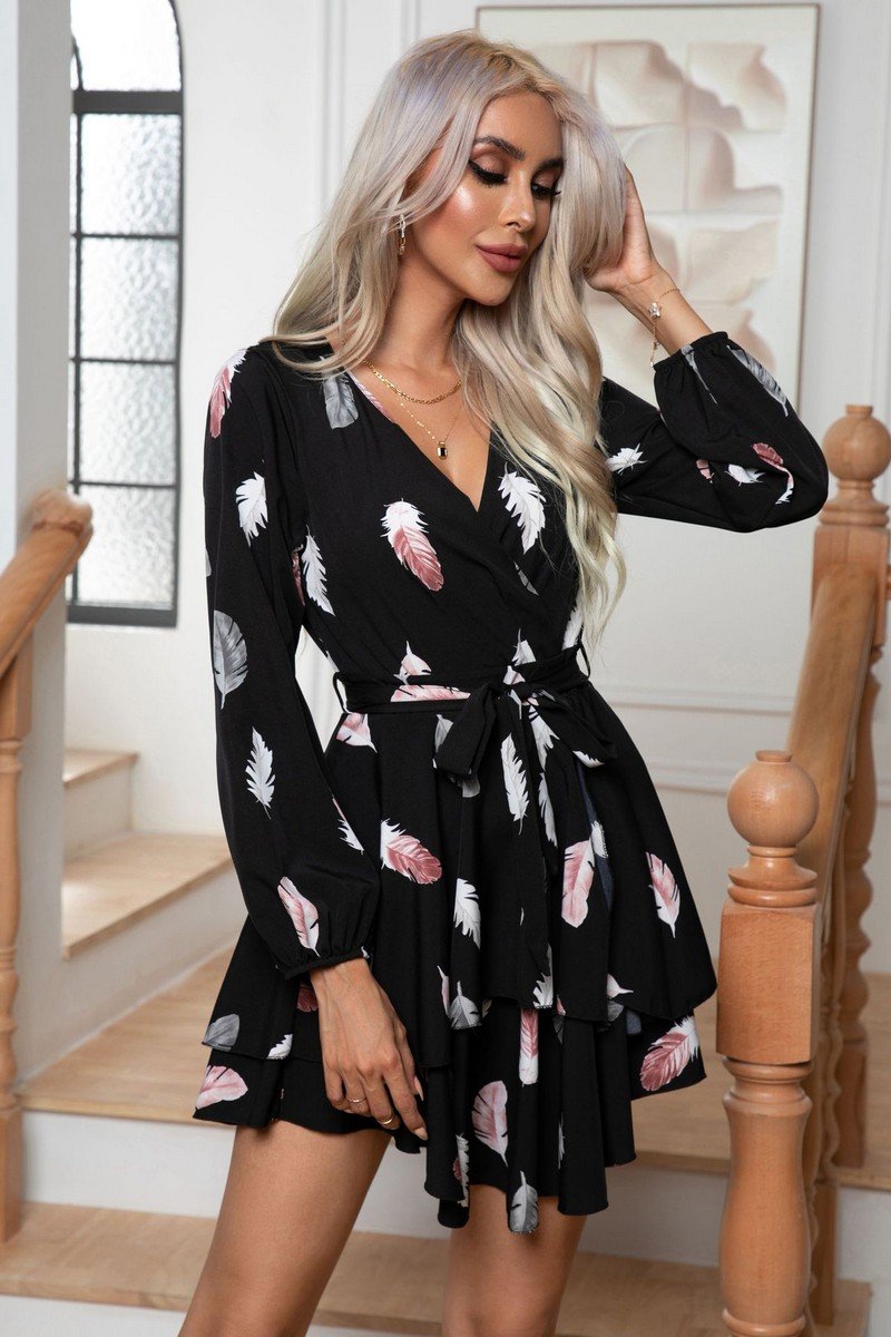 WOMEN FEATHER PRINTING MULTILAYER HEM V NECK DRESS