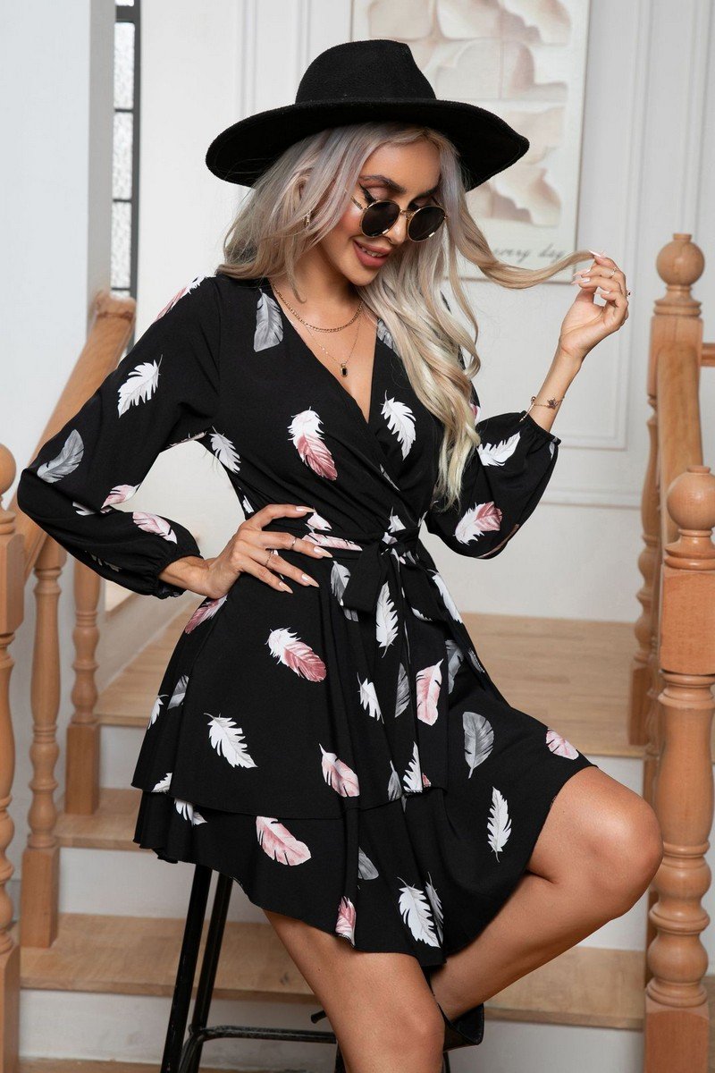 WOMEN FEATHER PRINTING MULTILAYER HEM V NECK DRESS