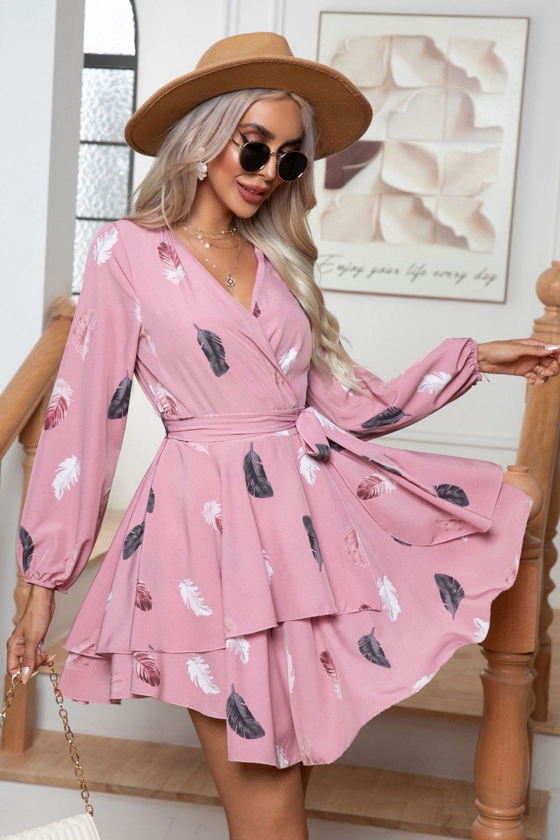 WOMEN FEATHER PRINTING MULTILAYER HEM V NECK DRESS