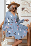 WOMEN FEATHER PRINTING MULTILAYER HEM V NECK DRESS