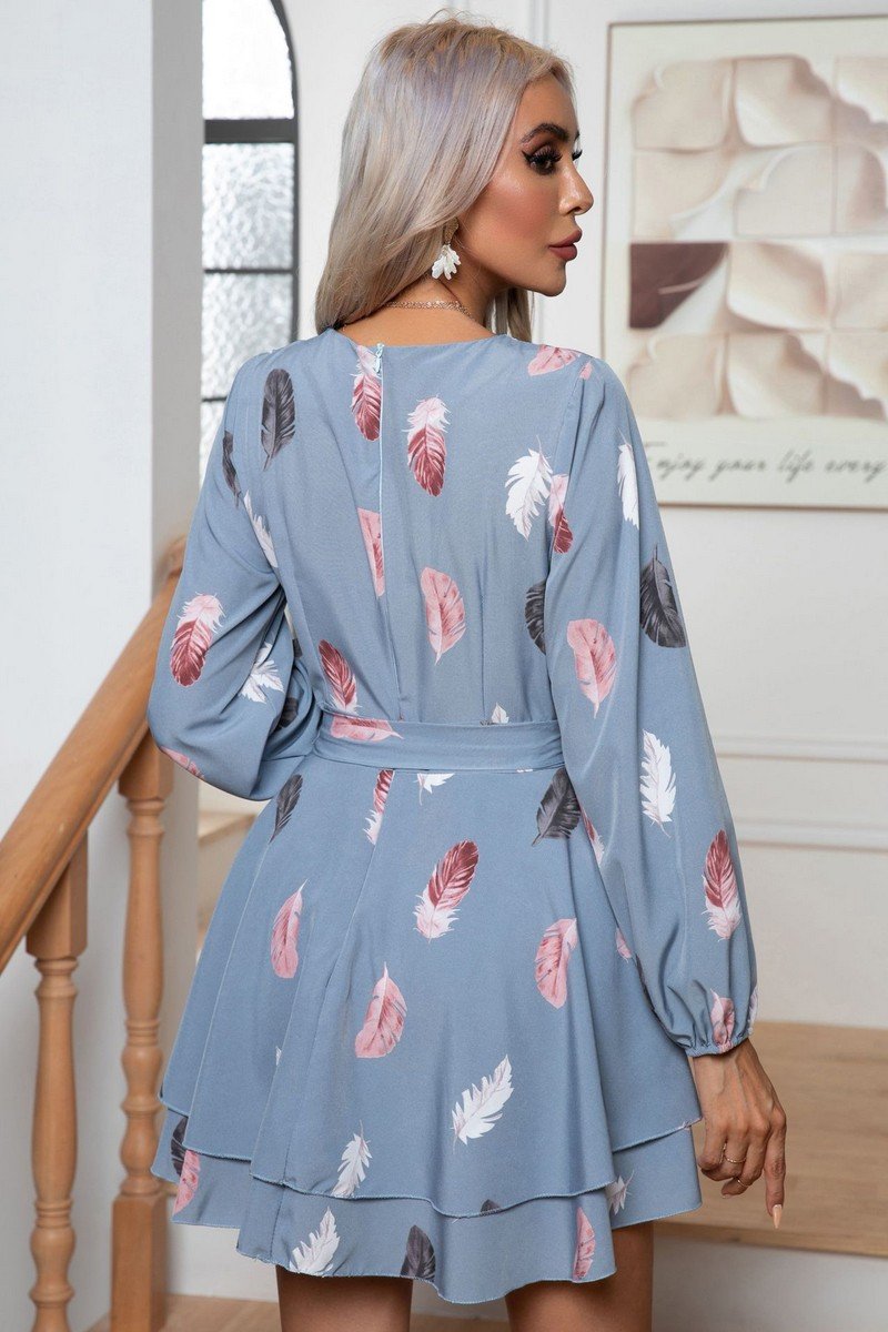 WOMEN FEATHER PRINTING MULTILAYER HEM V NECK DRESS