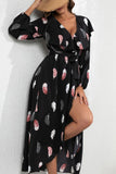 WOMEN LOTUS COLLAR PLUME PRINTED SLIT DRESS