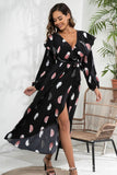 WOMEN LOTUS COLLAR PLUME PRINTED SLIT DRESS