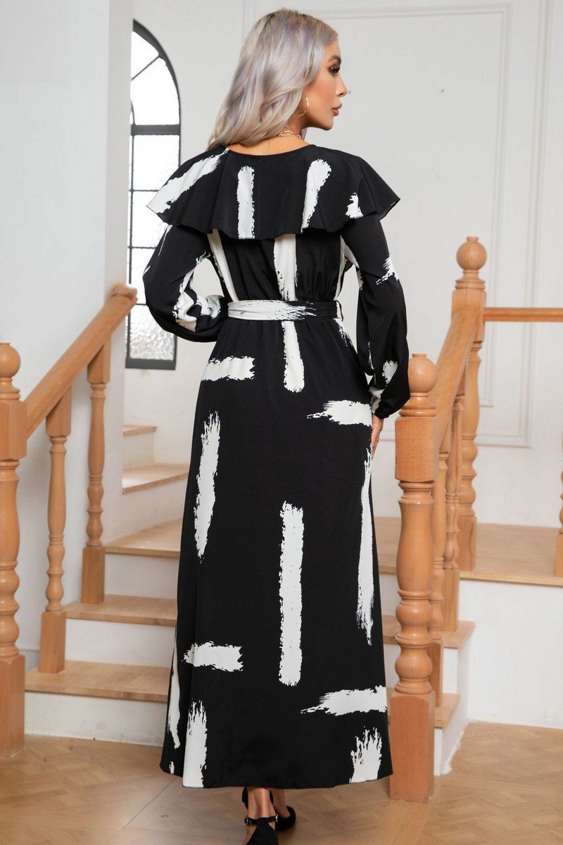 WOMEN ART PRINT LONG SLEEVE SPLIT SWING DRESS