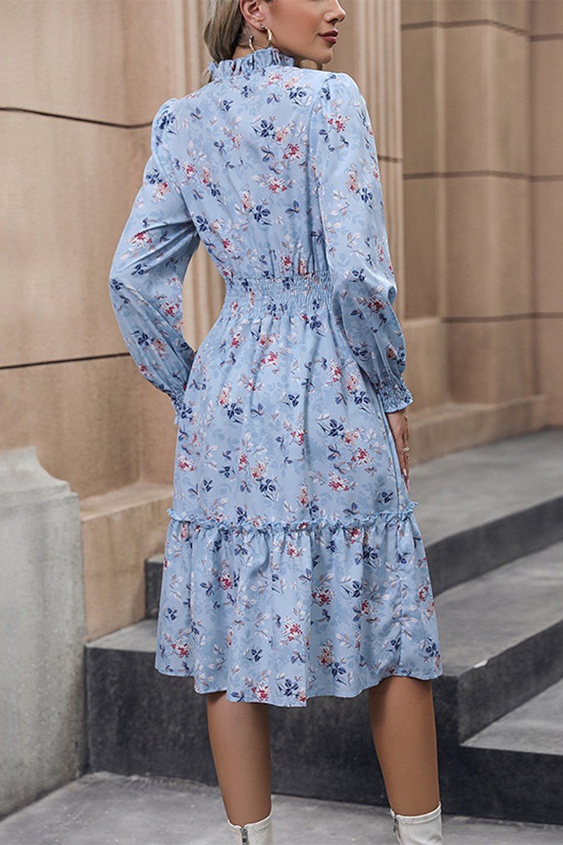 WOMEN FLORAL PRINT HENLEY NECK SMOCKED DRESS