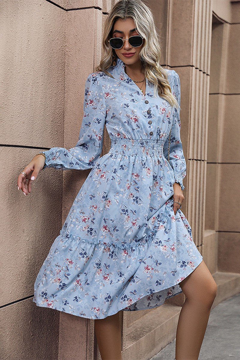 WOMEN FLORAL PRINT HENLEY NECK SMOCKED DRESS