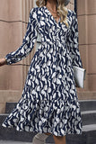 WOMEN V NECK LONG SLEEVE PATTERNED TIERED DRESS