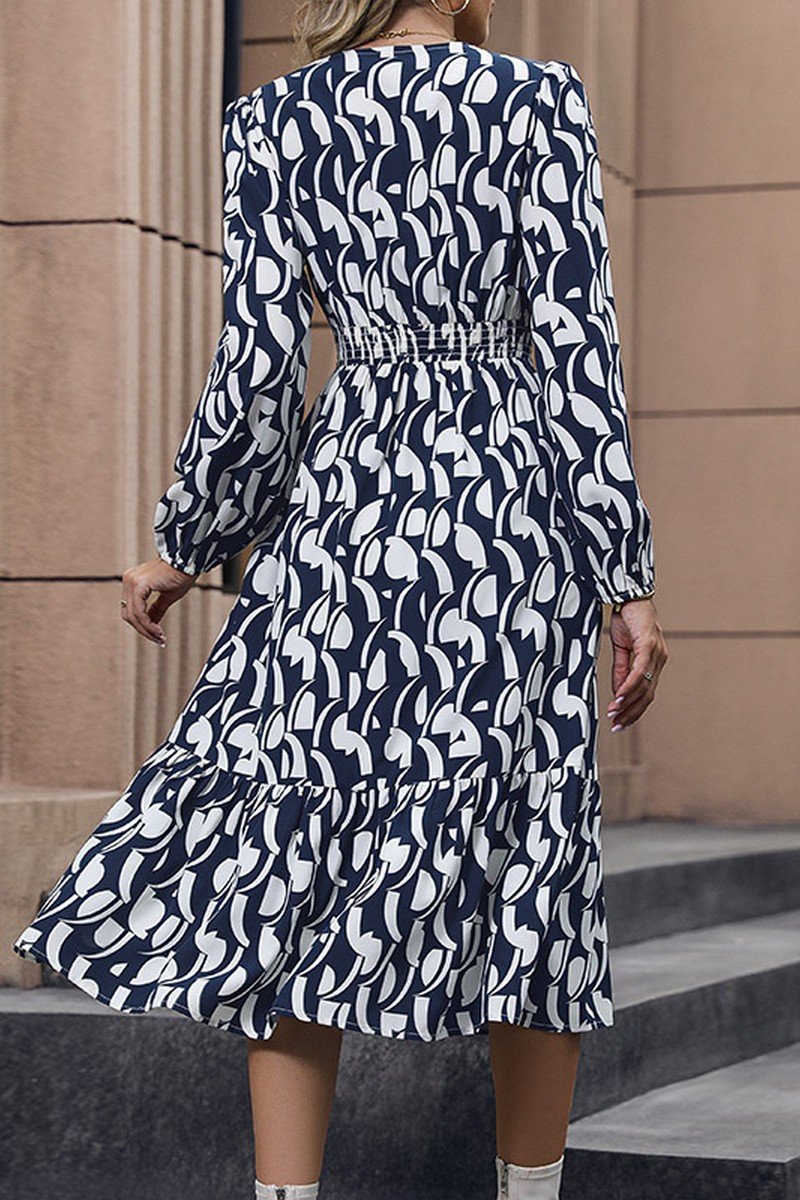 WOMEN V NECK LONG SLEEVE PATTERNED TIERED DRESS